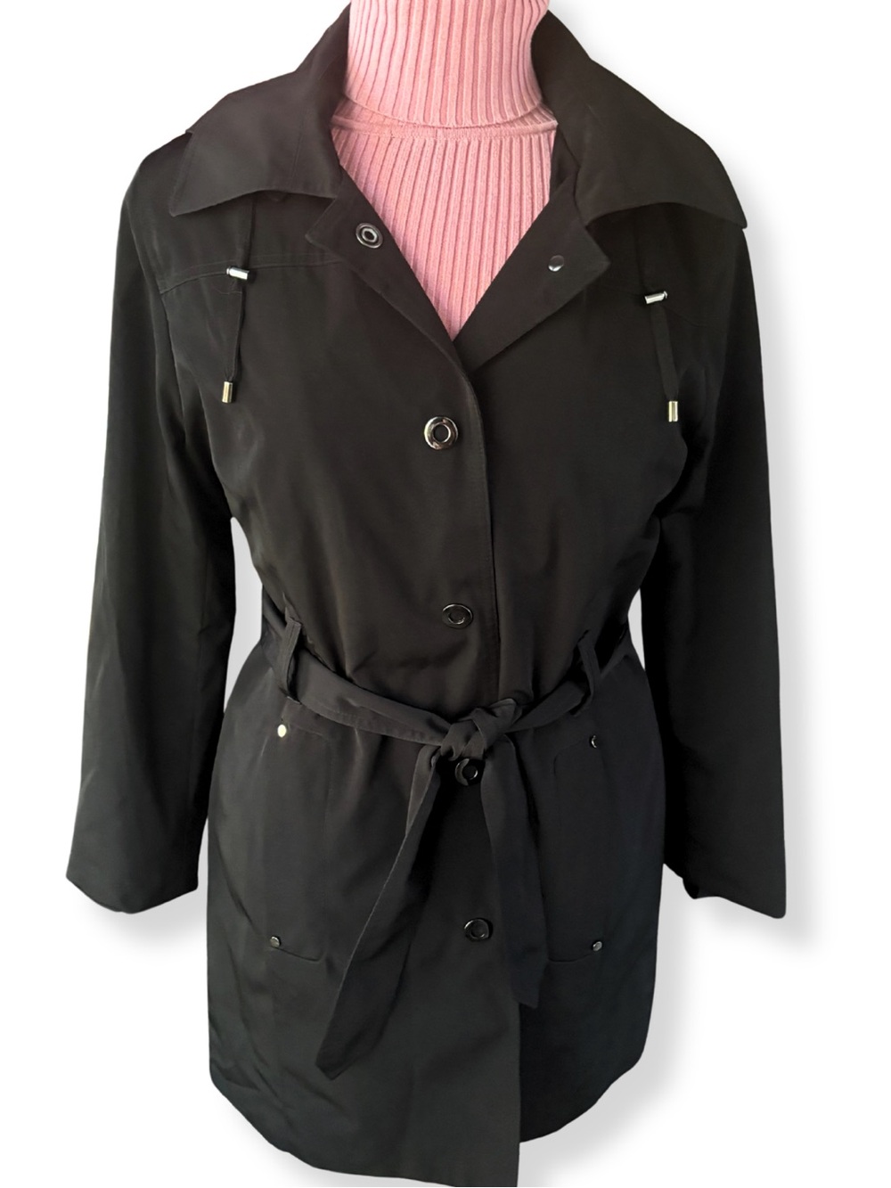 London Fog Black Hooded Belted Rain Coat Trench Jacket Women’s M